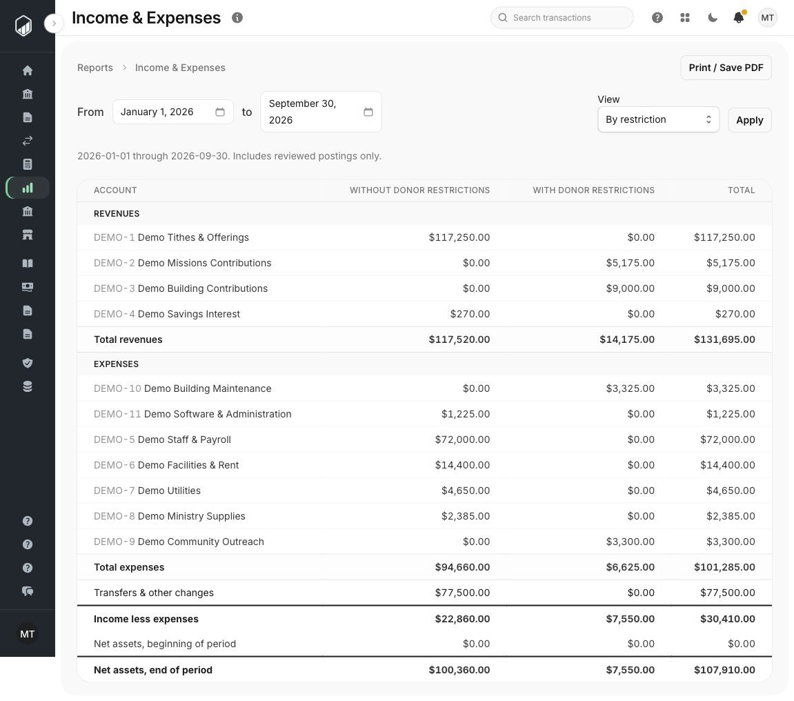 Jade Funds income and expenses report with staging sample data