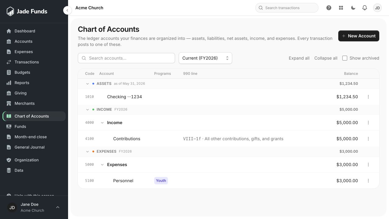 Chart of Accounts with demo asset, income, and expense categories and the New Account control.