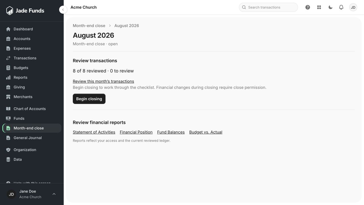 Demo month-end page showing transaction review progress, Begin closing, and links to the financial reports.