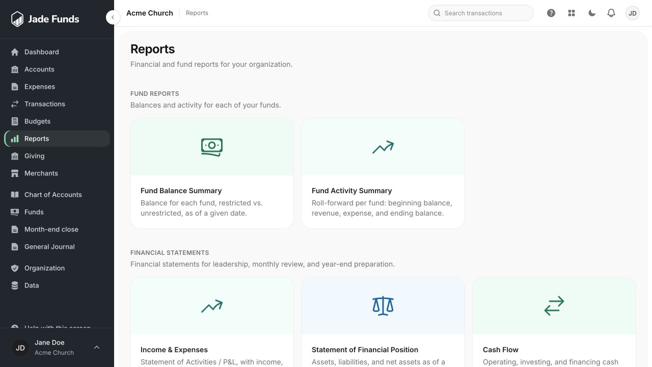 Report library showing fund summaries and financial statements from the running Jade Funds interface.