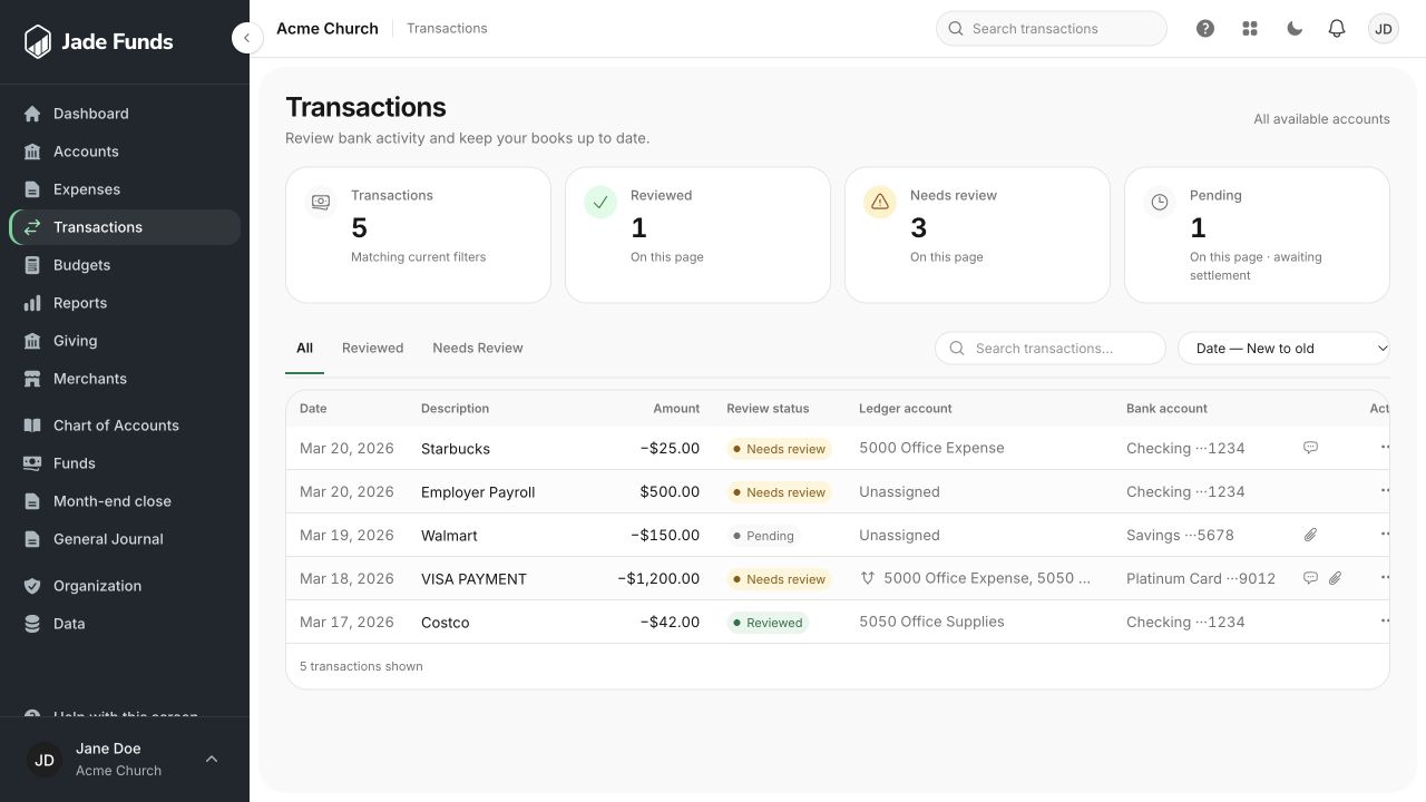 Jade Funds Transactions screen with demo bank activity, status filters, search, and transaction rows.